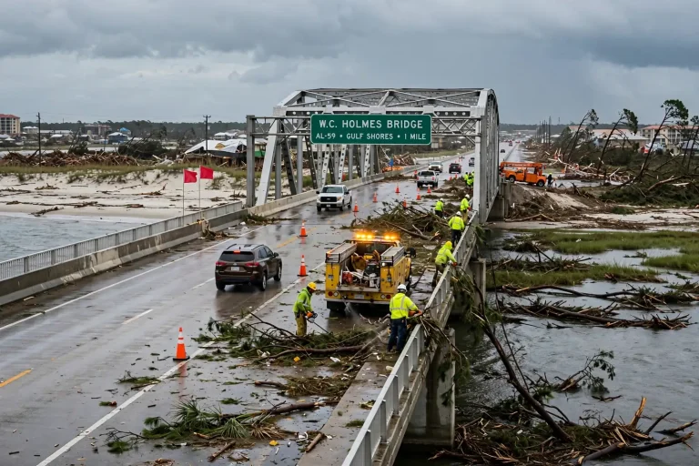 Cars crossing a high-rise bridge over the Intracoastal Waterway toward Gulf Shores under clearing skies, with utility trucks parked along the roadside below