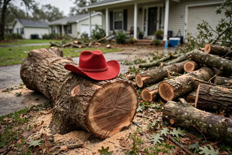 A red cowgirl hat rests on a cut oak trunk in a Mobile front yard after Hurricane Isaias, with cut logs stacked beside the driveway.