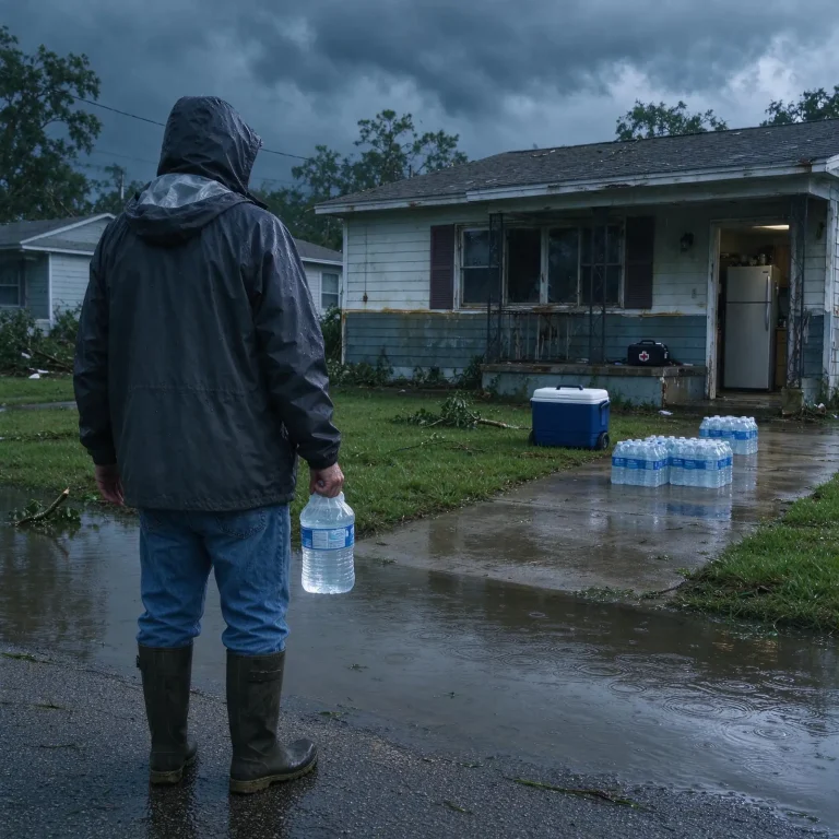 A resident in a dim kitchen checks a thermometer inside an open refrigerator while gallon jugs of bottled water sit on the counter after a hurricane power outage