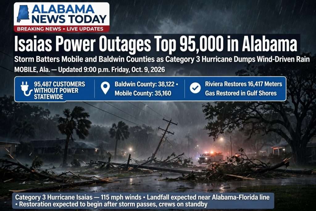 Illustration for the news story: Isaias Power Outages Top 95,000 in Alabama as Storm Batters Mobile and Baldwin Counties