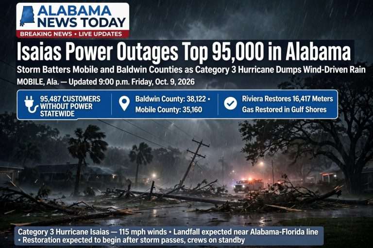 Illustration for the news story: Isaias Power Outages Top 95,000 in Alabama as Storm Batters Mobile and Baldwin Counties