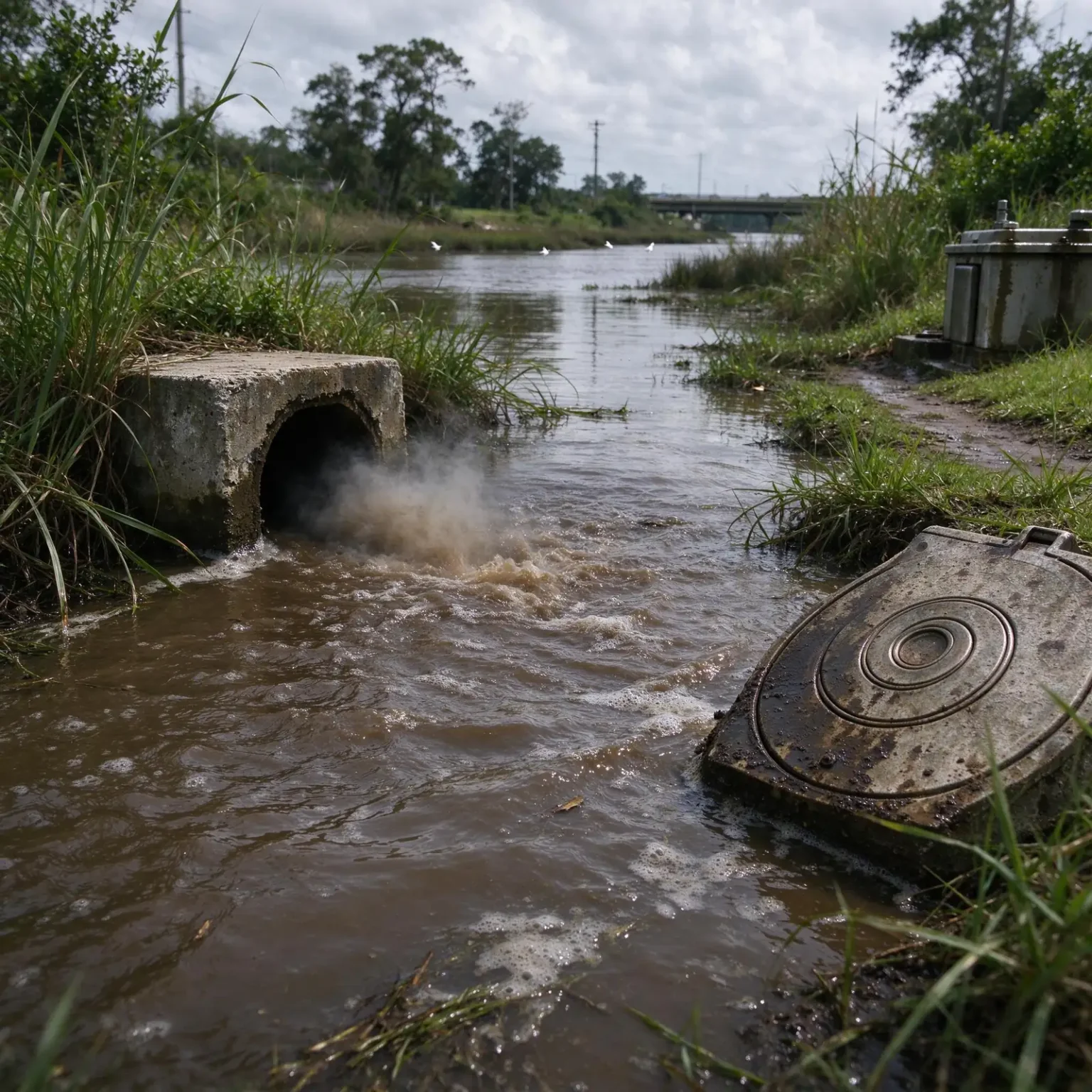 Muddy, swollen creek with debris along its banks flowing toward Mobile Bay under gray skies after a hurricane