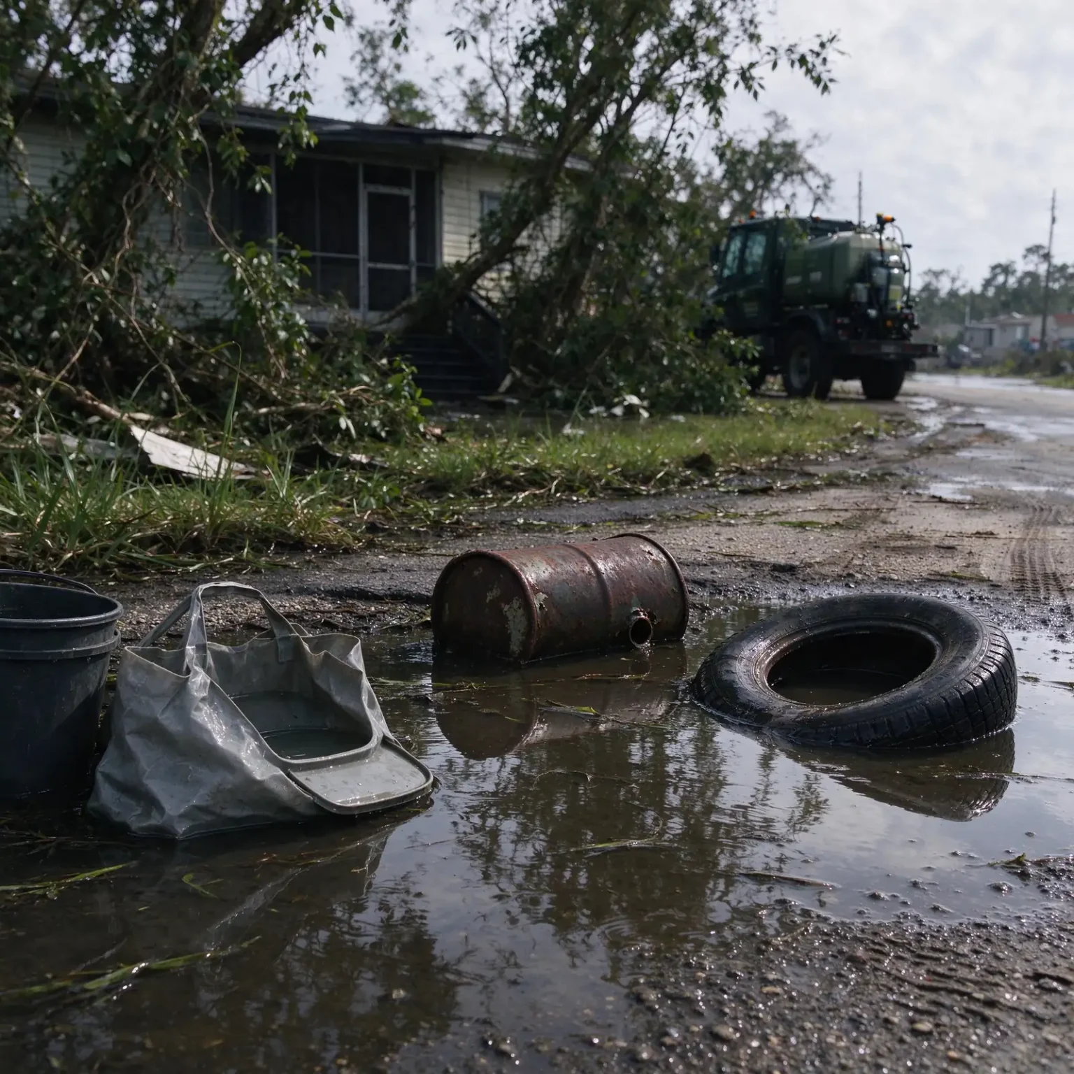 A county mosquito control truck sprays a fine mist along a residential street lined with storm debris piles at dusk