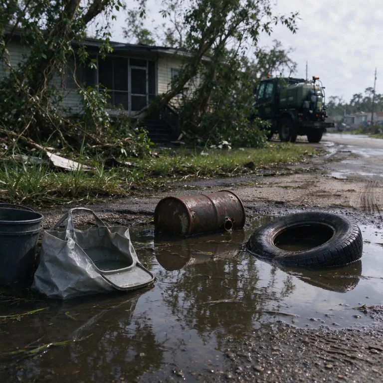 A county mosquito control truck sprays a fine mist along a residential street lined with storm debris piles at dusk