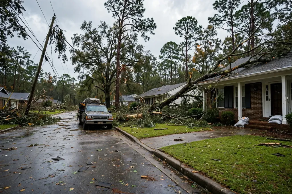 A fallen tree rests on the roof of a brick house beside a leaning utility pole and debris-strewn street after Hurricane Isaias, illustrating the need for Isaias tax relief.