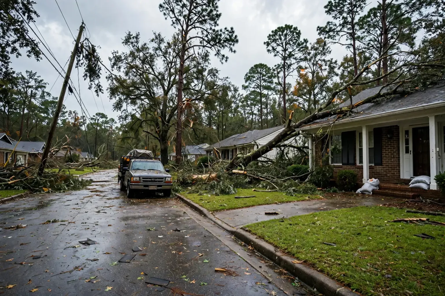 A fallen tree rests on the roof of a brick house beside a leaning utility pole and debris-strewn street after Hurricane Isaias, illustrating the need for Isaias tax relief.