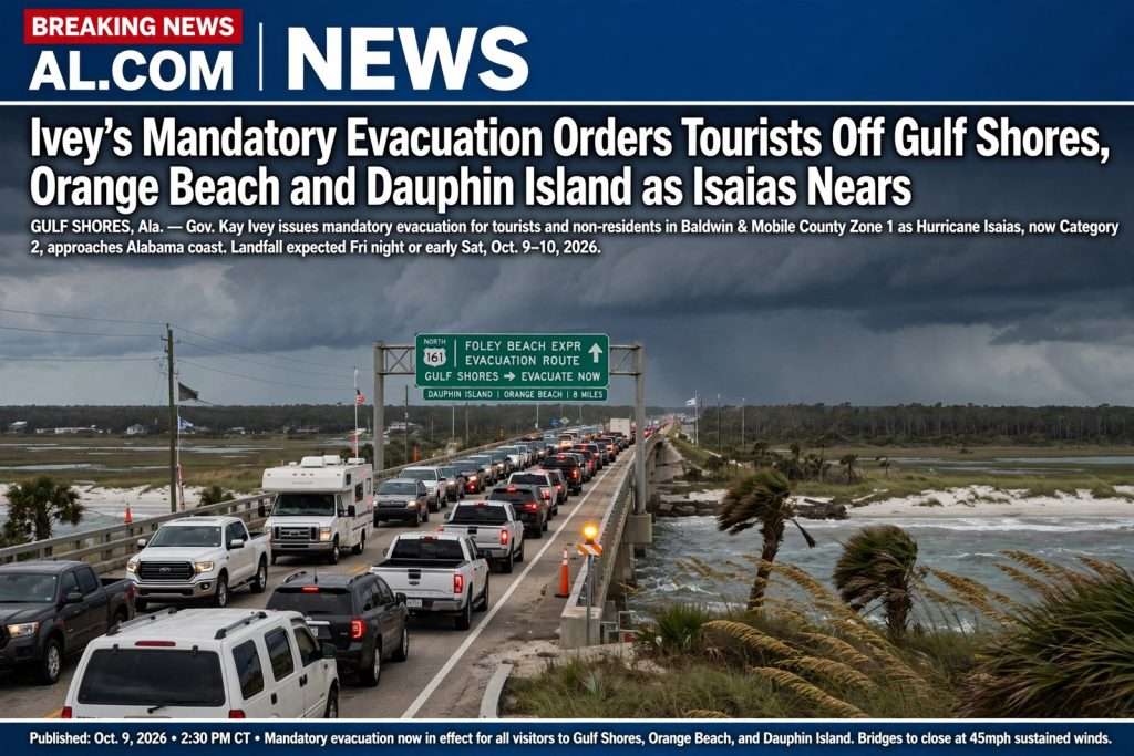 Illustration for the news story: Ivey’s Mandatory Evacuation Orders Tourists Off Gulf Shores, Orange Beach and Dauphin Island as Isaias Nears