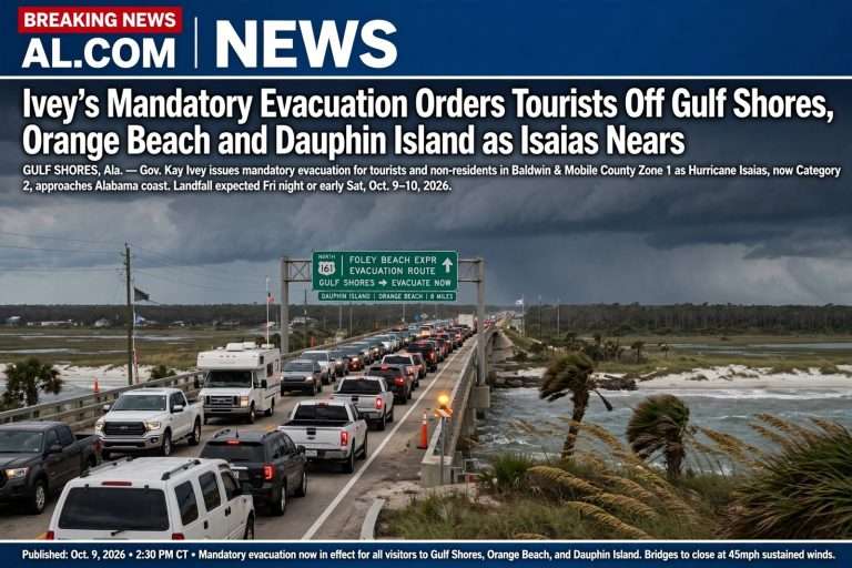Illustration for the news story: Ivey’s Mandatory Evacuation Orders Tourists Off Gulf Shores, Orange Beach and Dauphin Island as Isaias Nears