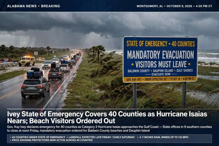 Illustration for the news story: Ivey State of Emergency Covers 40 Counties as Hurricane Isaias Nears; Beach Visitors Ordered Out