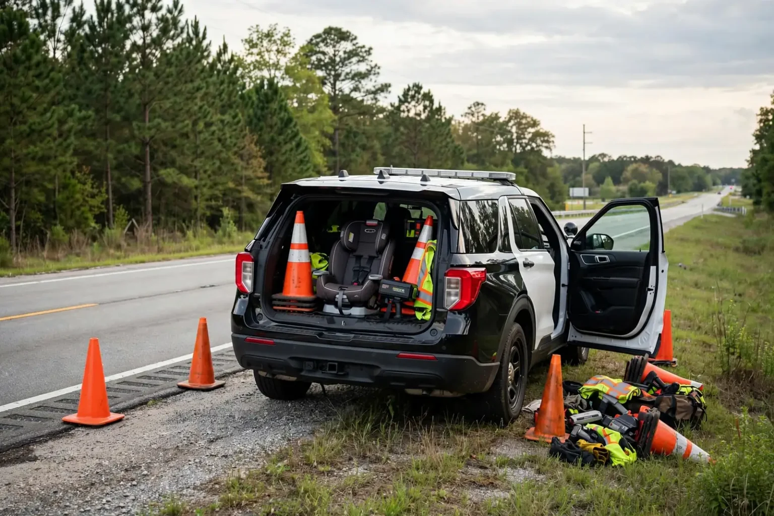 Law enforcement patrol car with lights on along an Alabama highway