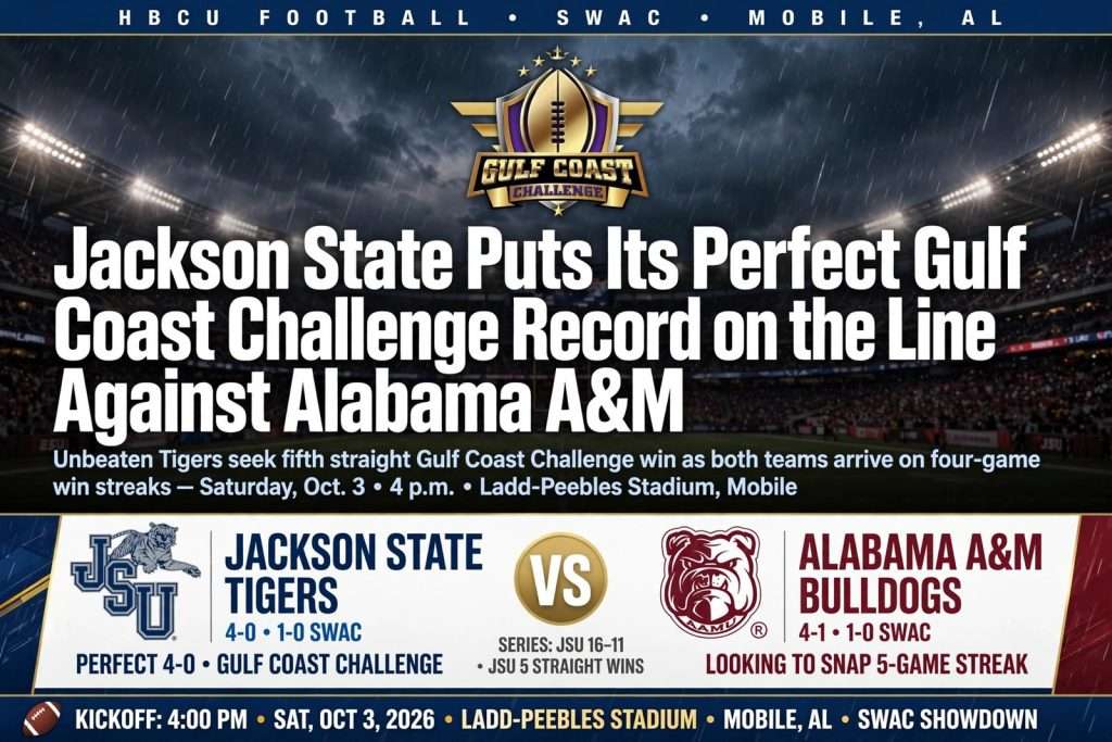 Illustration for the news story: Jackson State Puts Its Perfect Gulf Coast Challenge Record on the Line Against Alabama A&M