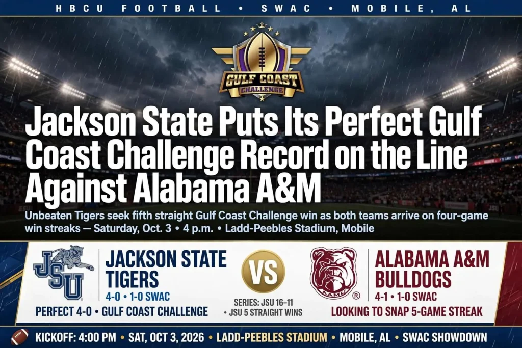 Illustration for the news story: Jackson State Puts Its Perfect Gulf Coast Challenge Record on the Line Against Alabama A&M