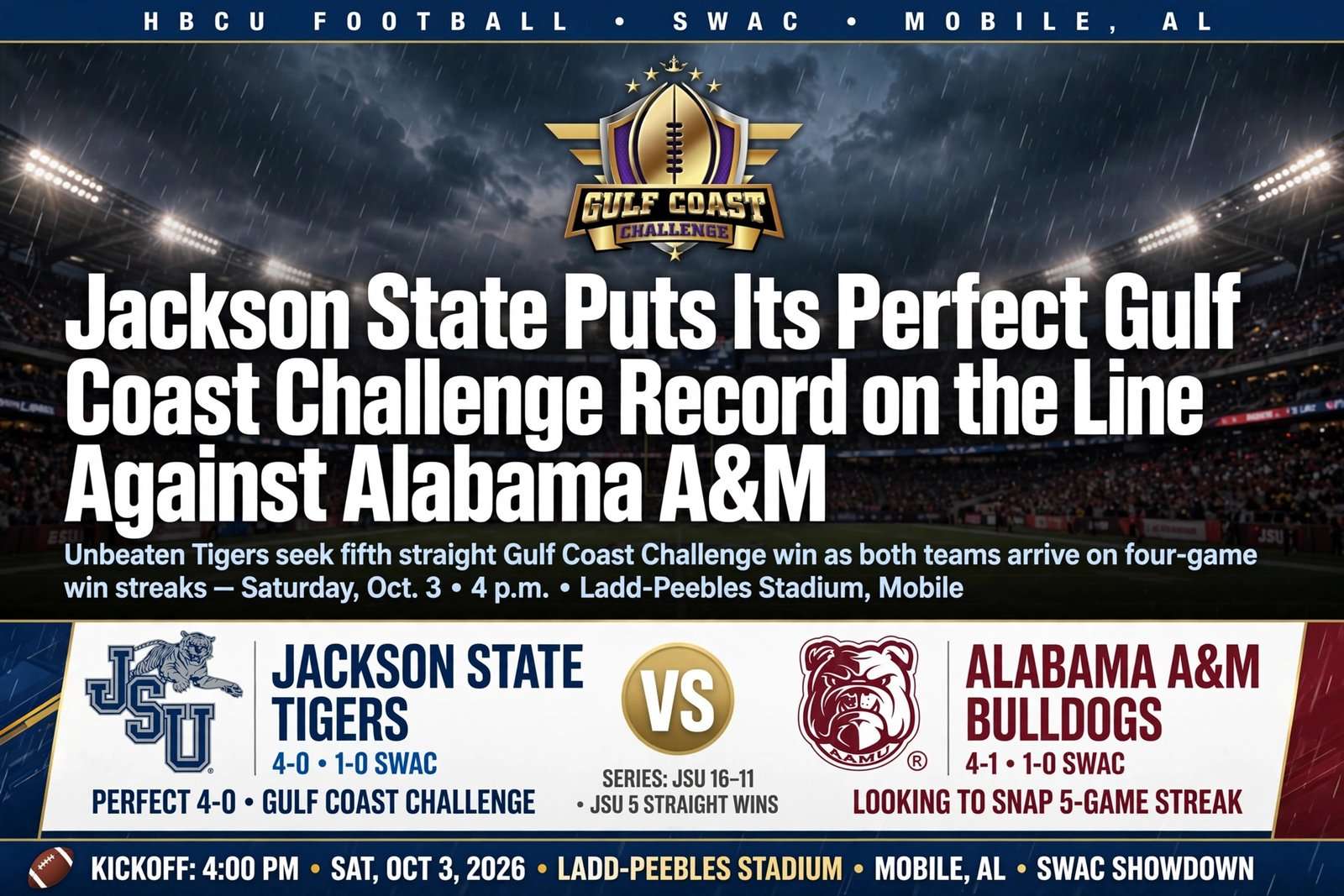 Illustration for the news story: Jackson State Puts Its Perfect Gulf Coast Challenge Record on the Line Against Alabama A&M