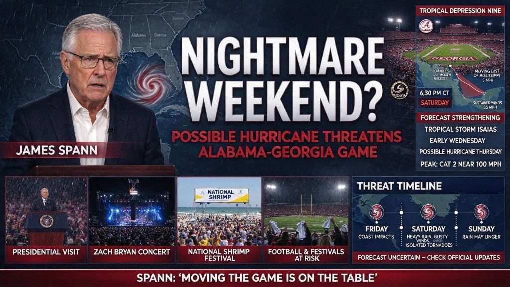 Illustration for the news story: James Spann Warns of ‘Nightmare’ Weekend as Possible Hurricane Threatens Alabama-Georgia Game