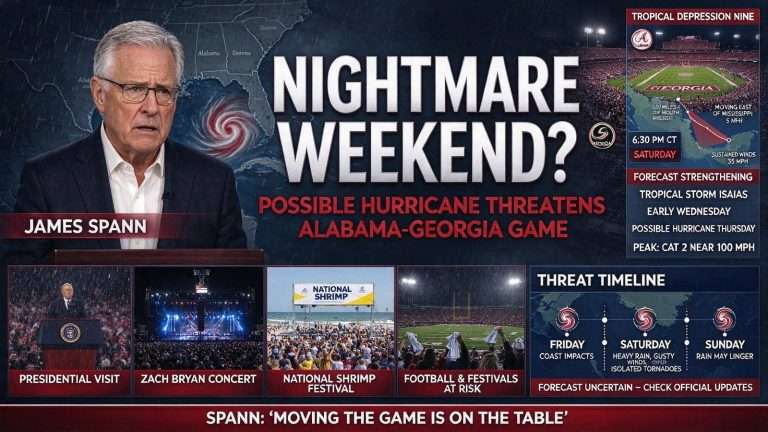 Illustration for the news story: James Spann Warns of ‘Nightmare’ Weekend as Possible Hurricane Threatens Alabama-Georgia Game