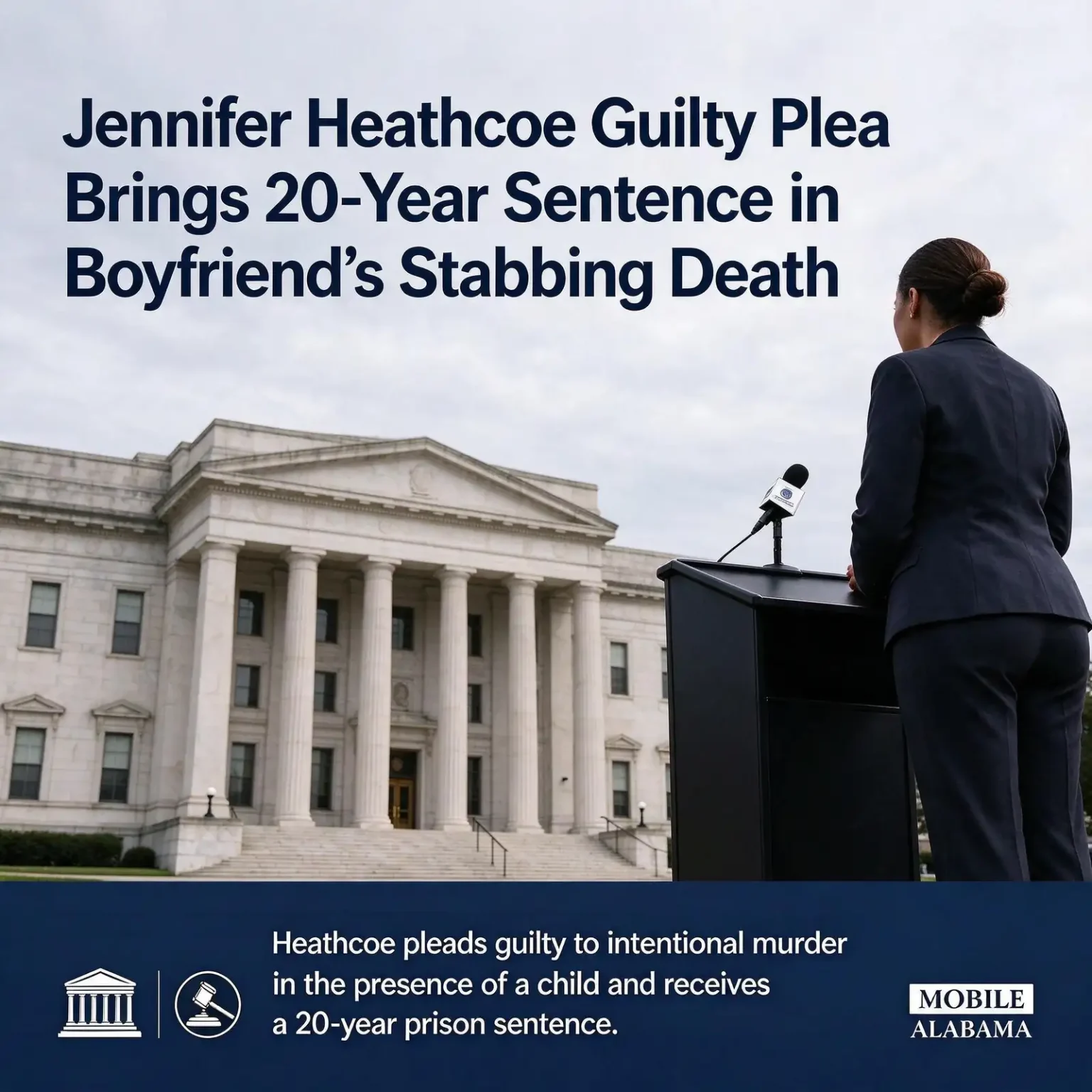 Columned courthouse building beside a person in a dark suit standing at a podium with a microphone, under a headline about the guilty plea