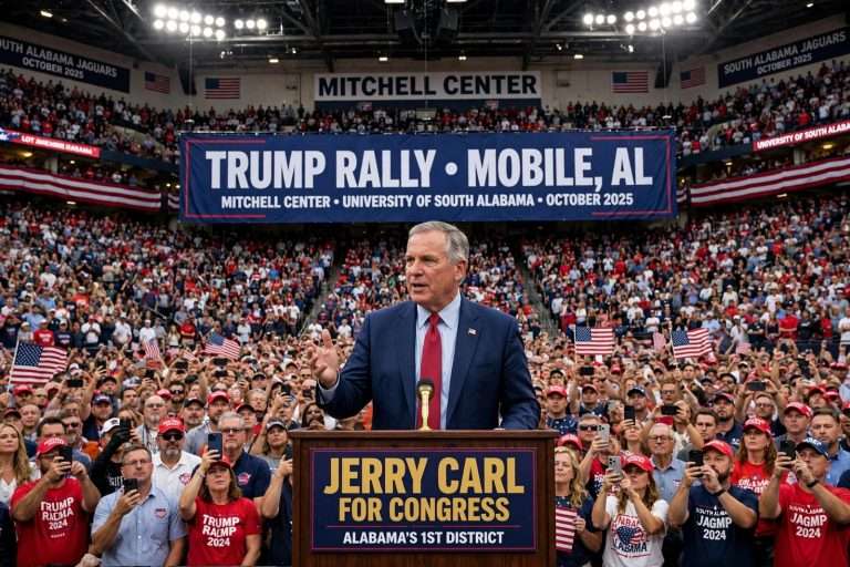Illustration for the news story: Jerry Carl Says Packed Mobile Arena Answers Questions About Trump’s Popularity in 1st District Race