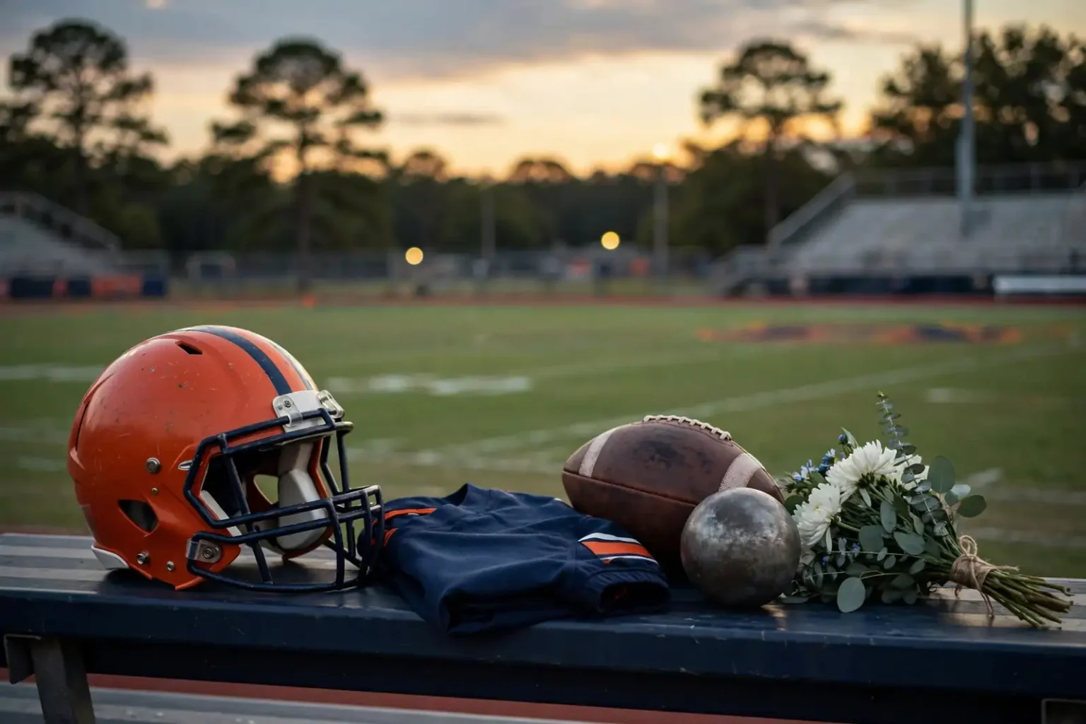 An orange and navy football helmet, jersey, football, shot put and white flowers rest on a bench beside a field at dusk, a tribute to Jessie McCovery