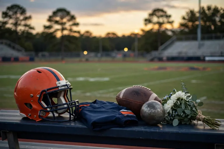 An orange and navy football helmet, jersey, football, shot put and white flowers rest on a bench beside a field at dusk, a tribute to Jessie McCovery