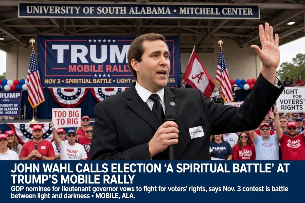 Illustration for the news story: John Wahl Calls Election ‘a Spiritual Battle’ at Trump’s Mobile Rally, Vows to Fight for Voters’ Rights