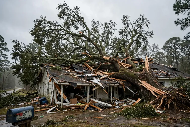 Massive oak tree lying across the crushed roof of a rural home after Hurricane Isaias