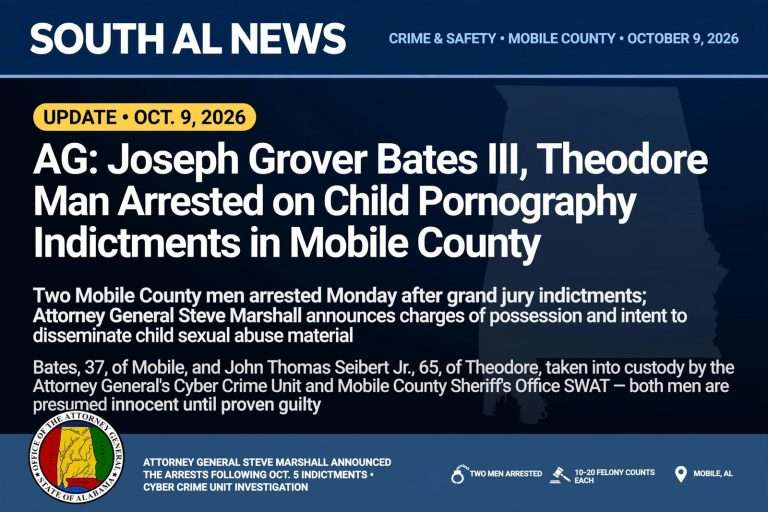 Illustration for the news story: AG: Joseph Grover Bates III, Theodore Man Arrested on Child Pornography Indictments in Mobile County