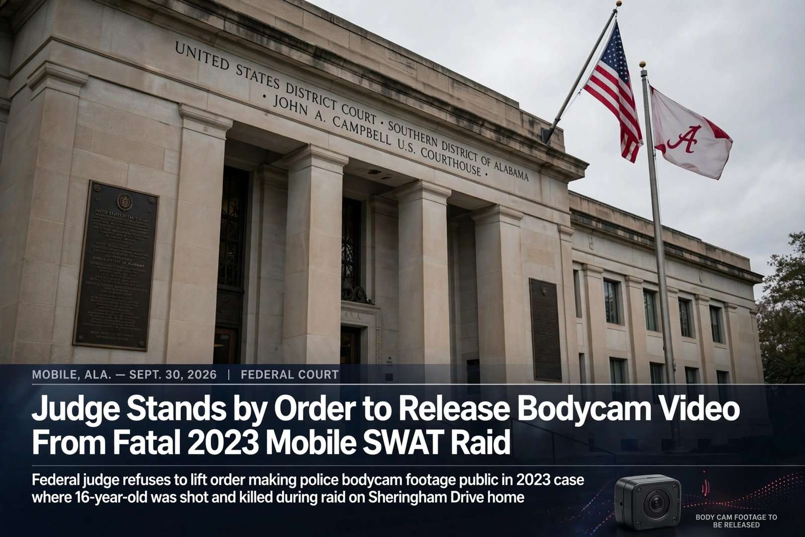 Illustration for the news story: Judge Stands by Order to Release Bodycam Video From Fatal 2023 Mobile SWAT Raid