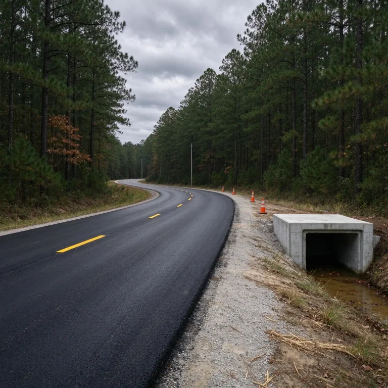 Freshly paved two-lane road with temporary lane markings and new drainage culvert beside pine trees