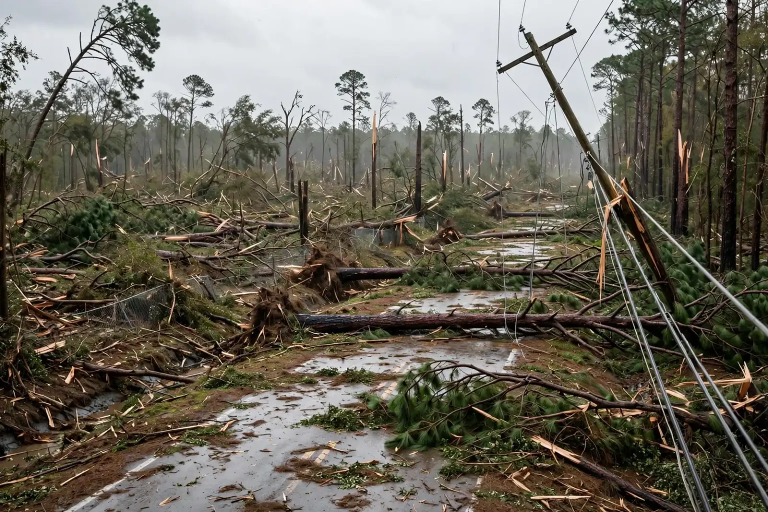 Downed trees and debris lining a rural Alabama road after a hurricane passed through the area