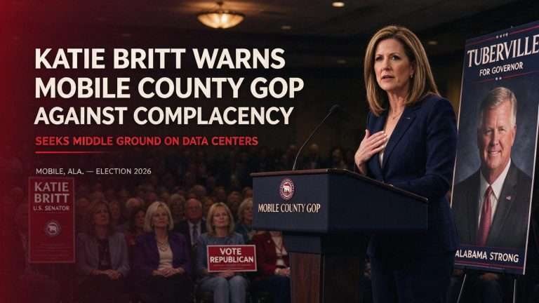 Illustration for the news story: Katie Britt Warns Mobile County GOP Against Complacency, Seeks Middle Ground on Data Centers