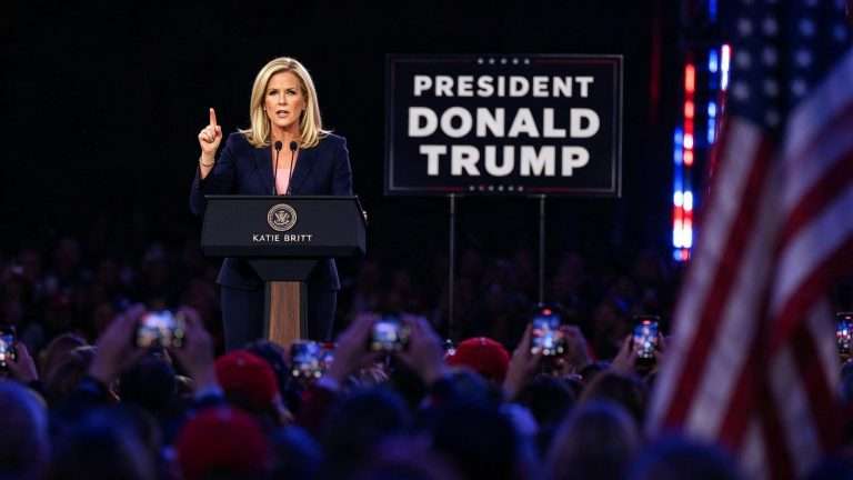 Illustration for the news story: Katie Britt Tells Trump’s Mobile Rally This Year’s Democrats ‘Don’t Love This Nation’