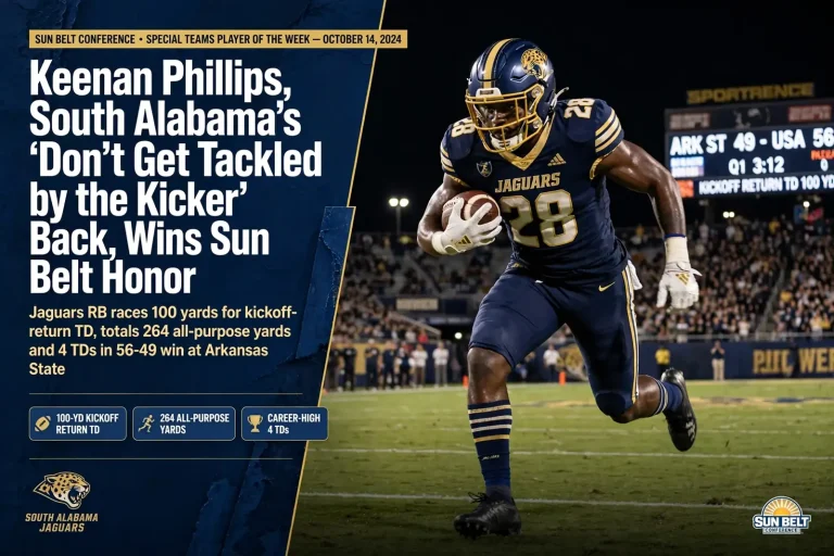 College football player returning a kickoff upfield past defenders