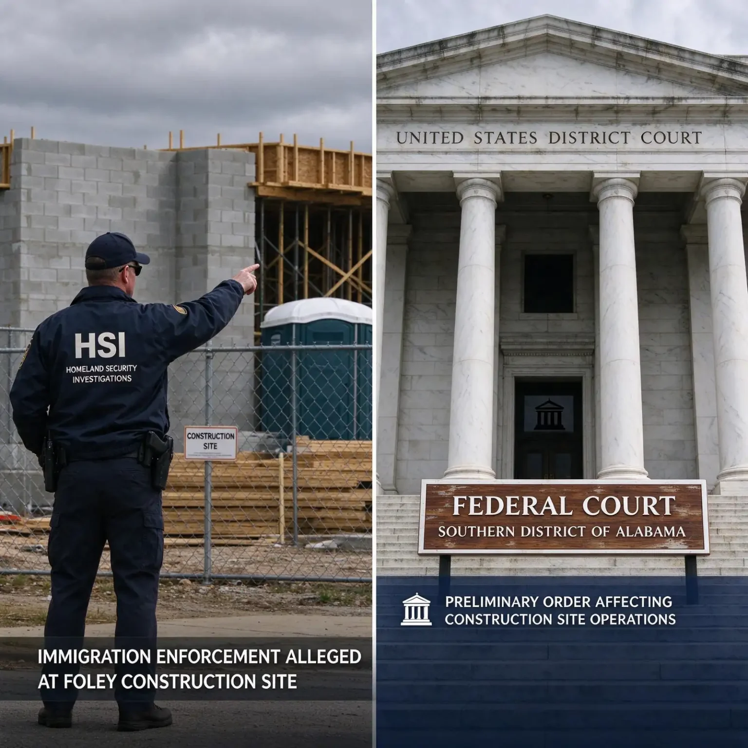 Exterior of a federal courthouse with columns and steps under a cloudy sky, with a gavel and legal papers in the foreground