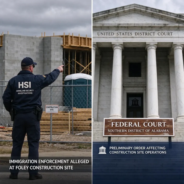 Exterior of a federal courthouse with columns and steps under a cloudy sky, with a gavel and legal papers in the foreground