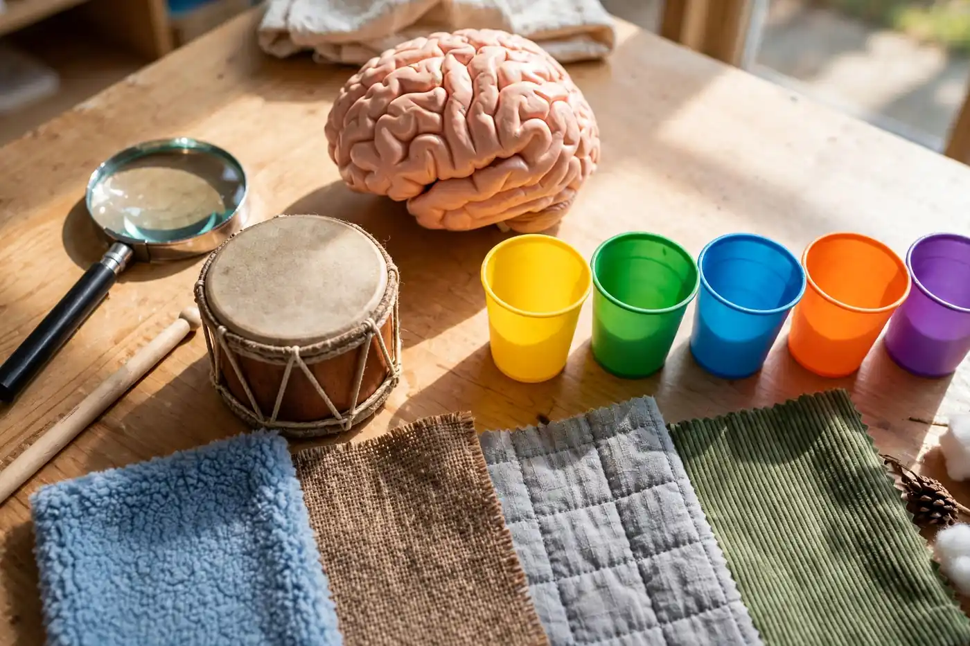 Classroom table with a model brain, magnifying glass, small drum and textured fabric swatches for a children's science activity