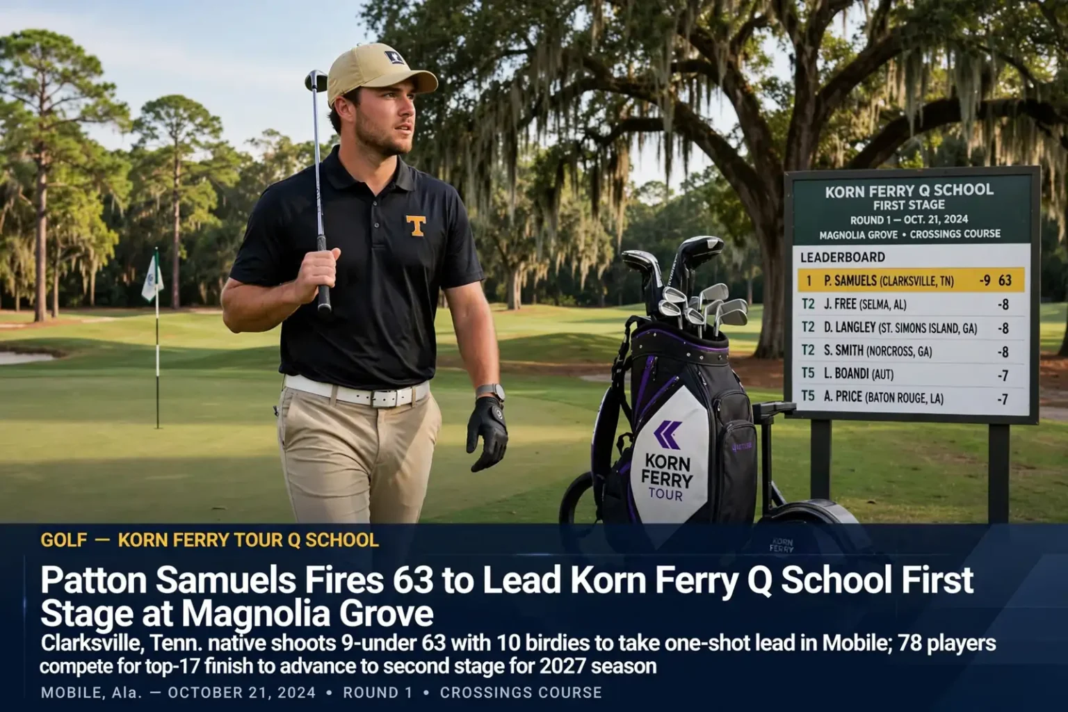 Golfer in a polo shirt walking a tree-lined fairway beside a Korn Ferry Q School leaderboard sign