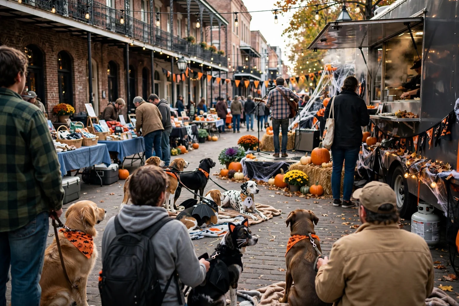 Happy rescue dog wearing a small orange pumpkin costume sitting on a leash at an outdoor fall event