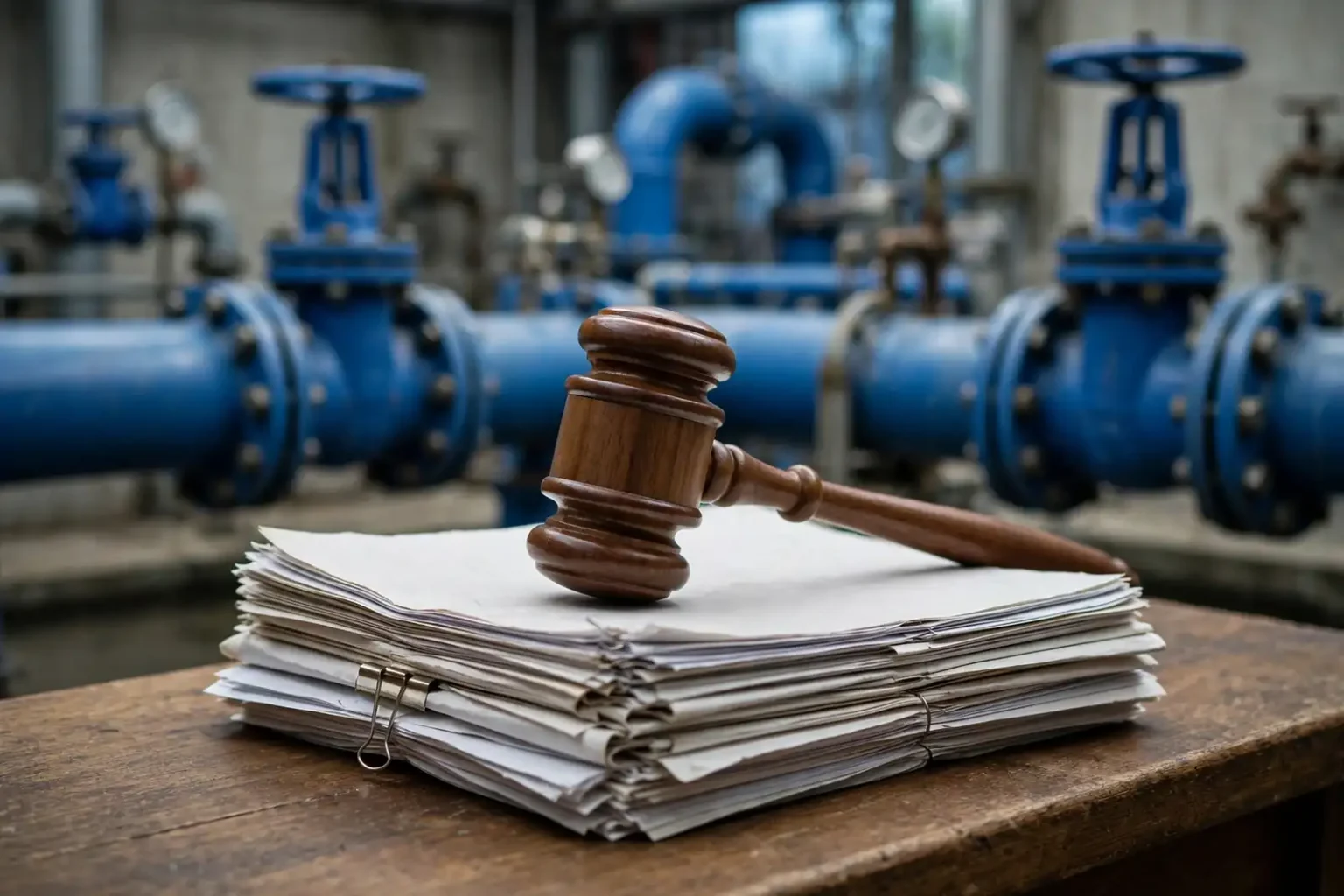 Water utility pipes and valves at a treatment facility beside a stack of court documents and a judge's gavel
