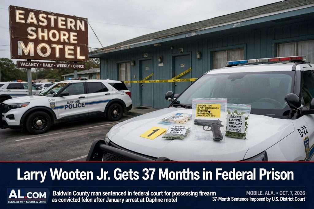 Illustration for the news story: Larry Wooten Jr. Gets 37 Months in Federal Prison After Gun Found at Daphne Motel