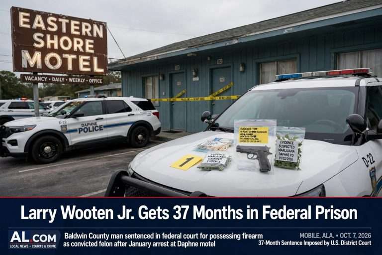 Illustration for the news story: Larry Wooten Jr. Gets 37 Months in Federal Prison After Gun Found at Daphne Motel