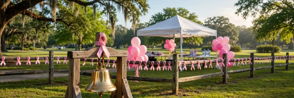 Pink awareness ribbons tied to a park fence beside a brass bell on a stand, representing the Let's Think Pink breast cancer walk in Prichard