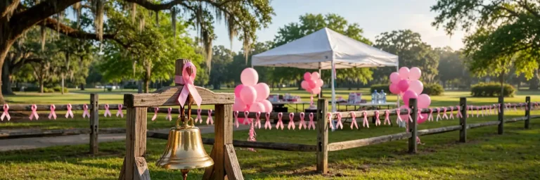 Pink awareness ribbons tied to a park fence beside a brass bell on a stand, representing the Let's Think Pink breast cancer walk in Prichard