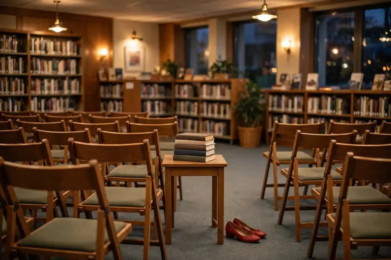 Library meeting room with rows of chairs facing a table holding stacked novels and a pair of red shoes