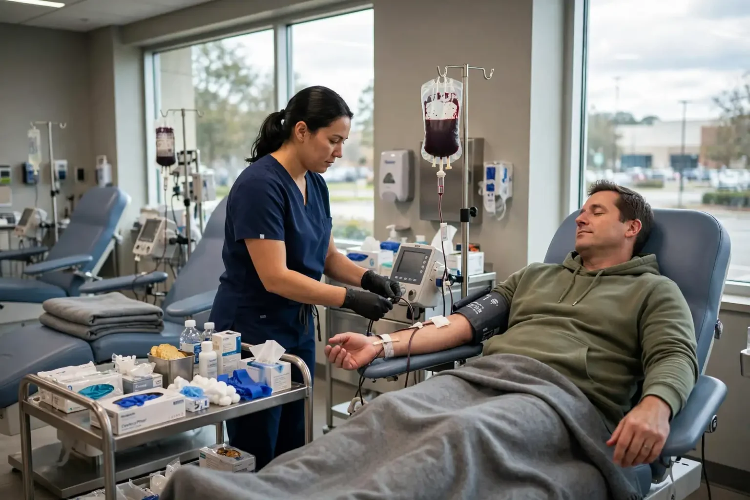A blood donor reclining in a donation chair as a phlebotomist checks a collection bag at a community blood center
