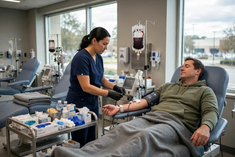A blood donor reclining in a donation chair as a phlebotomist checks a collection bag at a community blood center