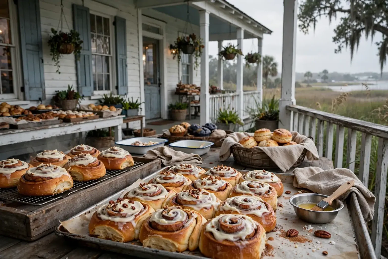 Tray of freshly baked frosted cinnamon rolls on a bakery counter in a historic coastal home