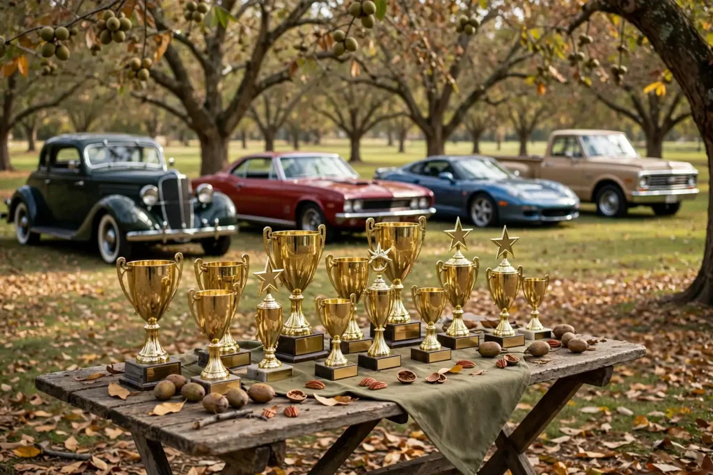 Gold trophies on a wooden table in a pecan grove with a 1930s coupe, a muscle car, a sports car and a vintage pickup parked behind, for the Lillian car show
