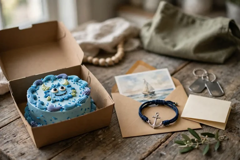 A blue monster-themed birthday cake in a bakery box beside an envelope, a sailboat postcard, an anchor bracelet and military dog tags