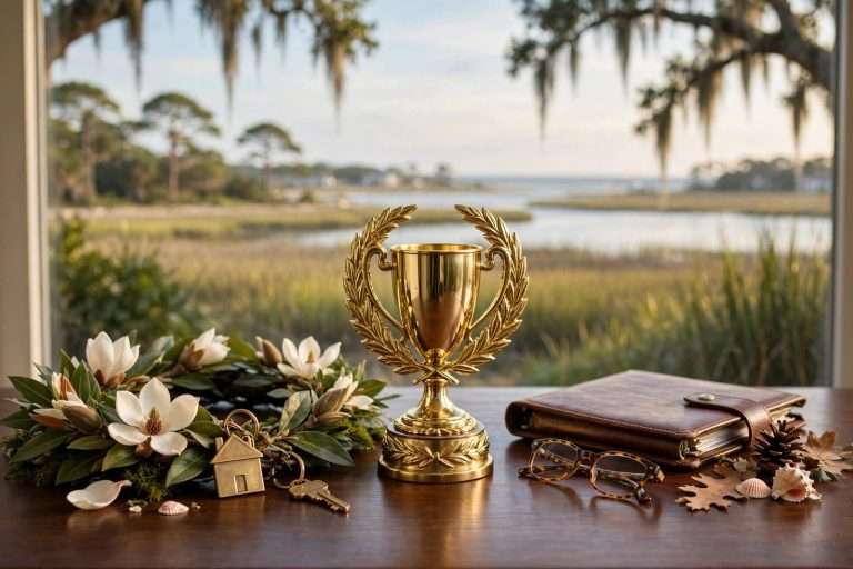 Engraved achievement plaque beside house keys and a small model home on a polished office desk