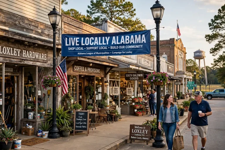 Downtown Loxley storefronts with a Live Locally Alabama banner and shoppers on the sidewalk